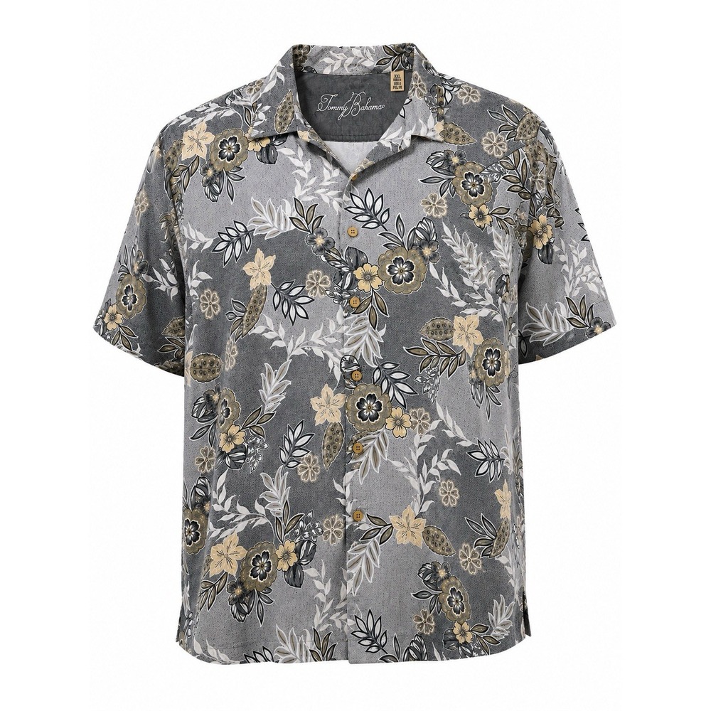 Tommy Bahama Men's XXL 100% Silk Gray Yellow Floral Hawaiian Camp Shirt